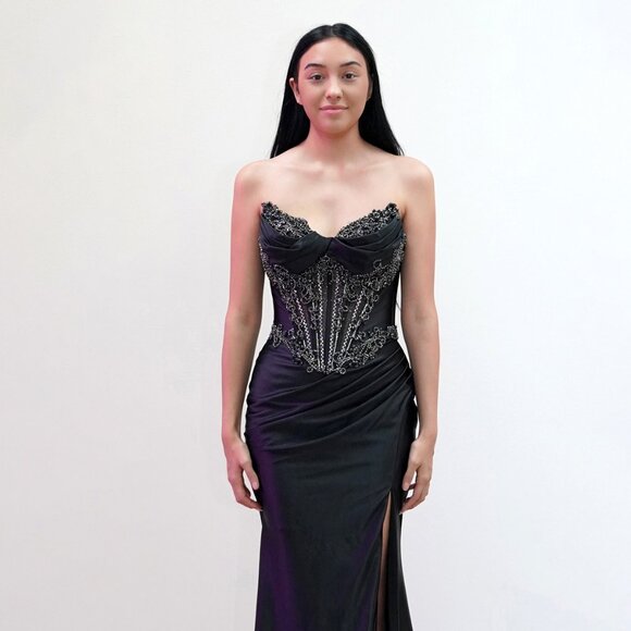 New Rhinestones Embellished Long Prom Gown w/ Lace Up Back & Leg Slit JT2706K - Picture 1 of 8